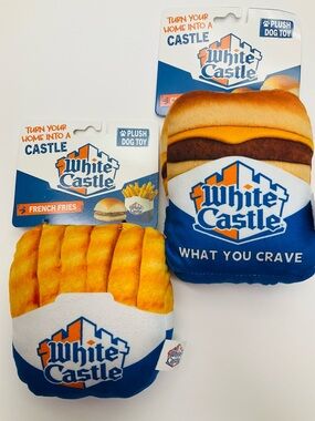 NWT White Castle Set of 2 Plush Dog Toys - Burger & Fries | Fun Novelty Gift